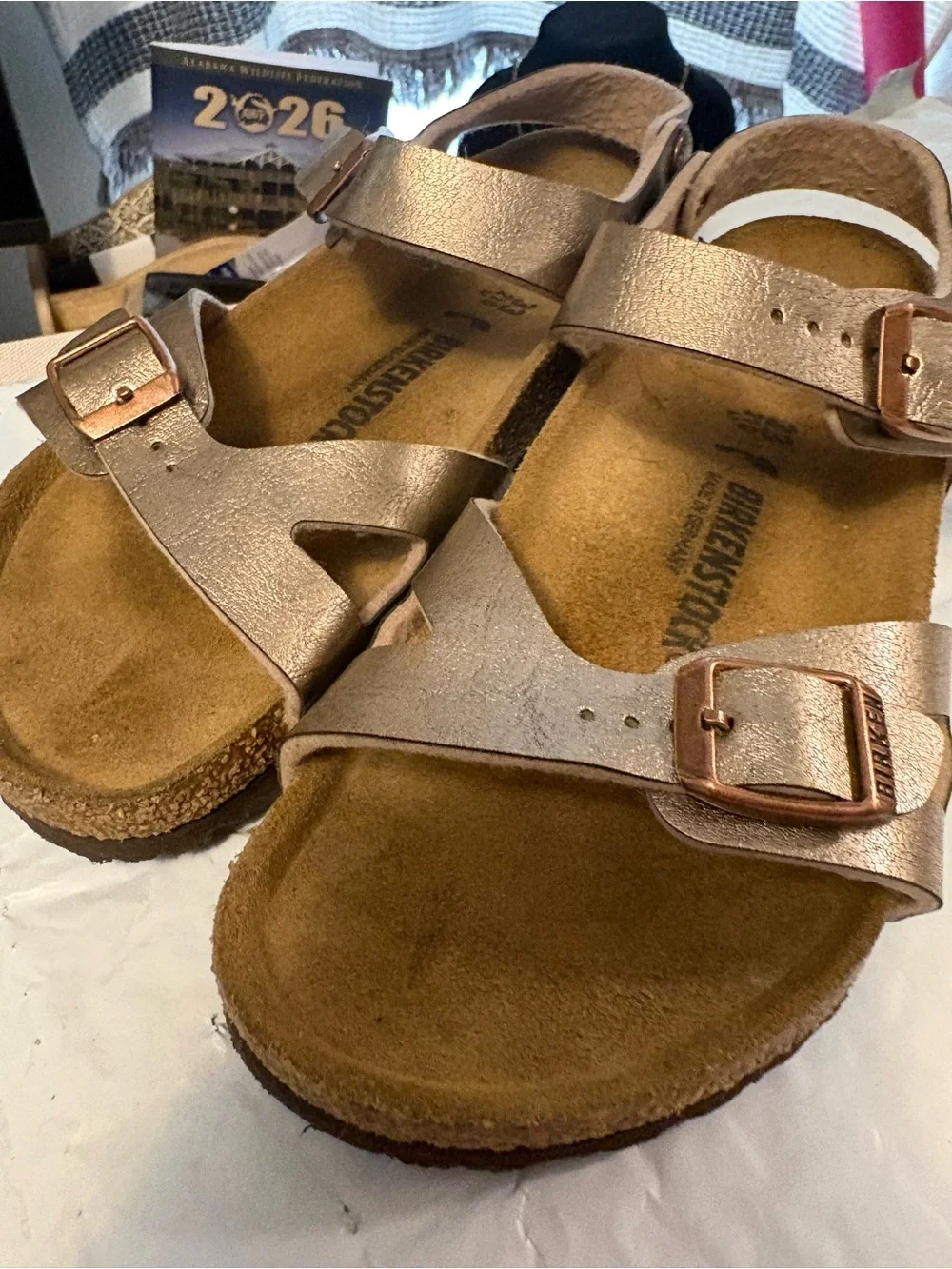 Birkenstock Kids Metallic Rose Gold Two-Strap Buckle Sandals